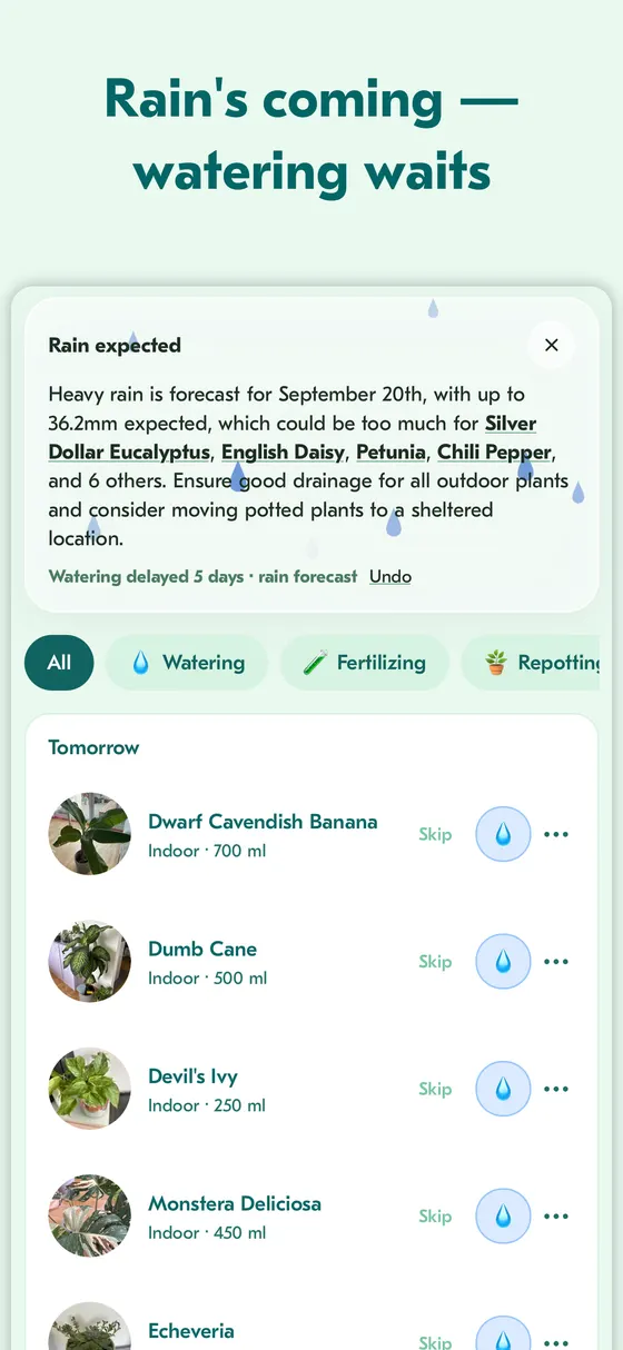 Weather alert card showing a delayed watering reminder